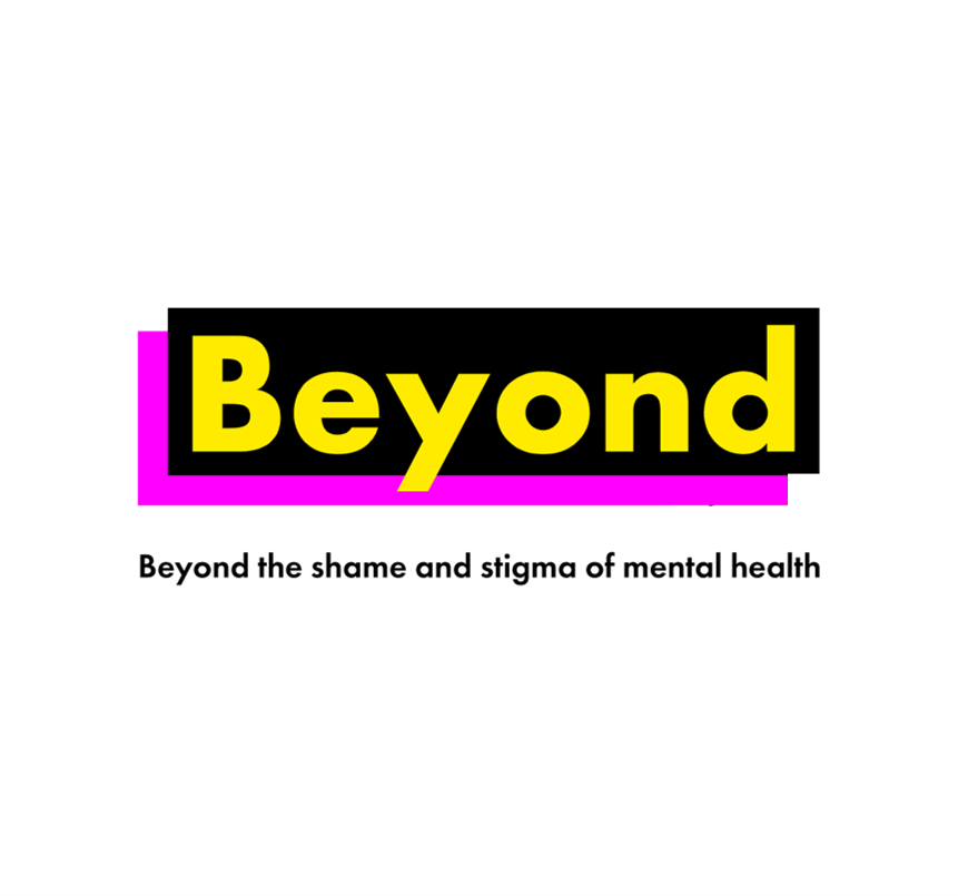 64fd7936a638bbb9ea3ff446_63691111c171f83a56511b12_Beyond Beyond logo: bold yellow text on black, with pink accent. Tagline: 'Beyond the shame and stigma of mental health'