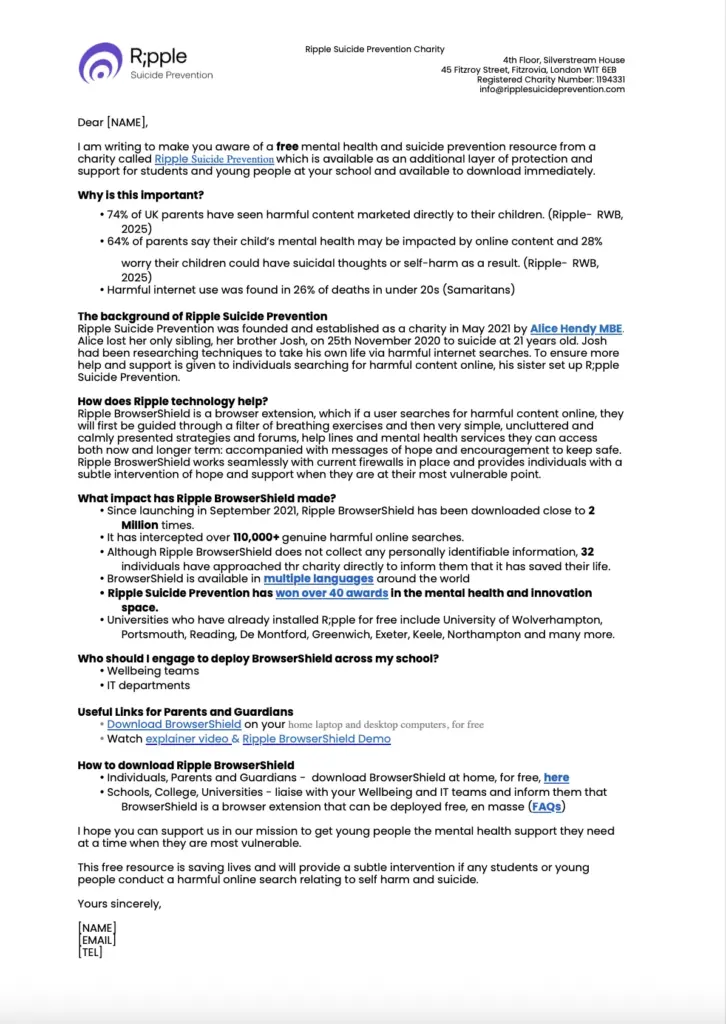 Letter from Ripple Suicide Prevention introducing their free BrowserShield tool for schools to support student mental health.