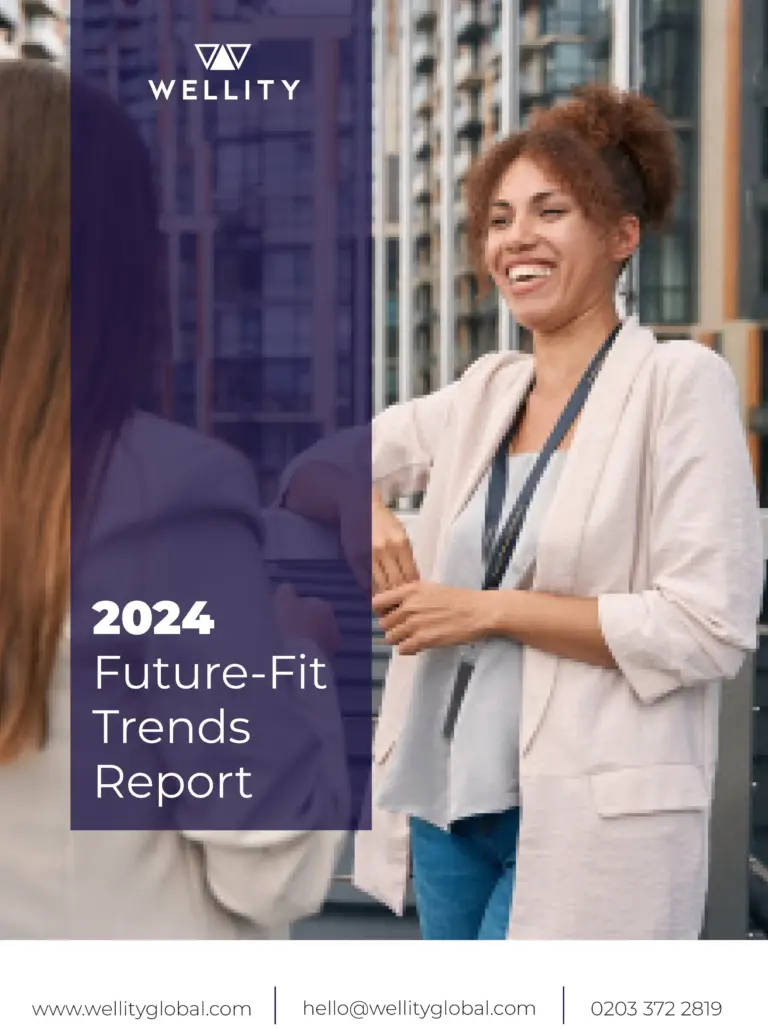 Cover of Wellity's 2024 Future-Fit Trends Report, featuring a smiling professional in a workplace setting.