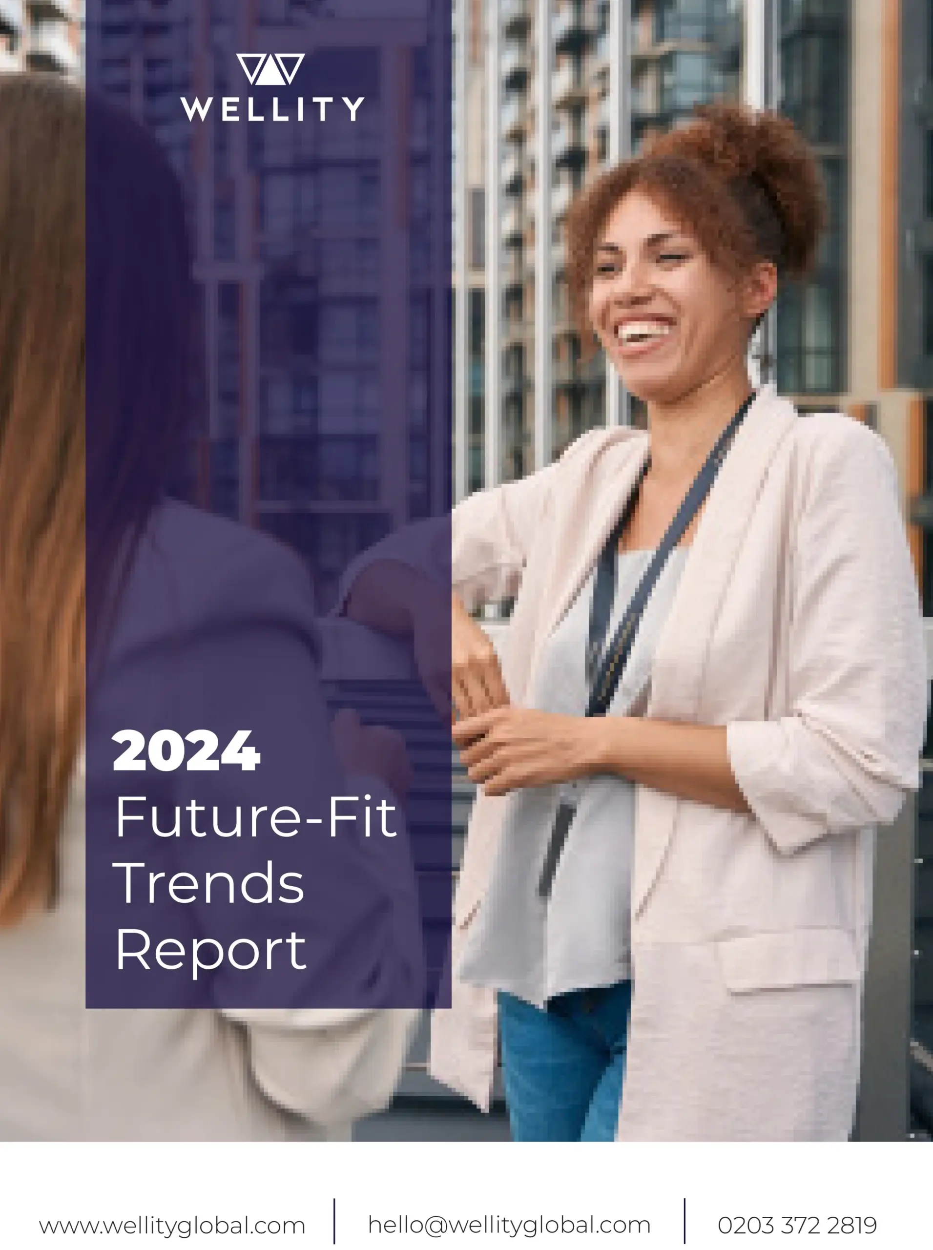 Cover of Wellity's 2024 Future-Fit Trends Report, featuring a smiling professional in a workplace setting.