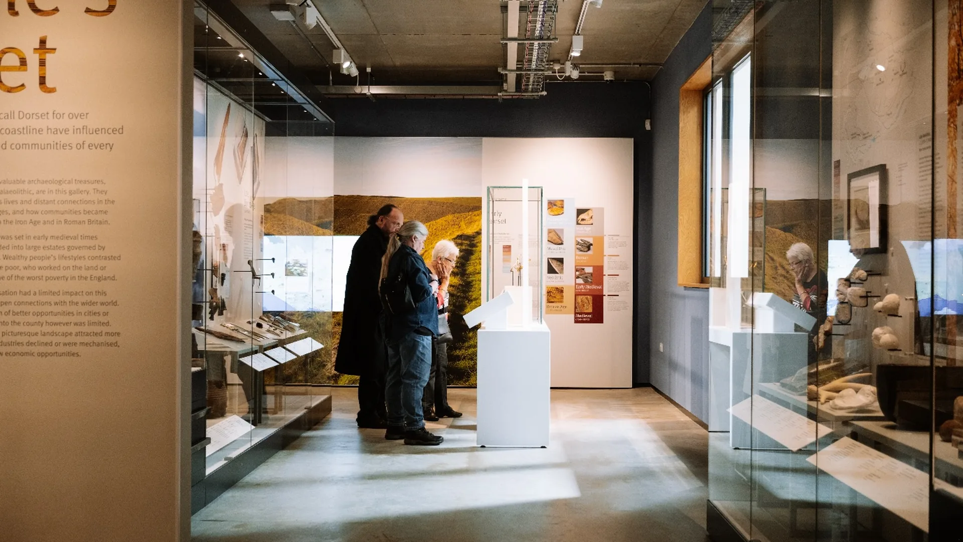 Visitors looking at display cases in a gallery at Dorset Museum & Art Gallery